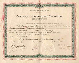 1930 - certificat d'instruction religieuse - Jeanne Rebiffé